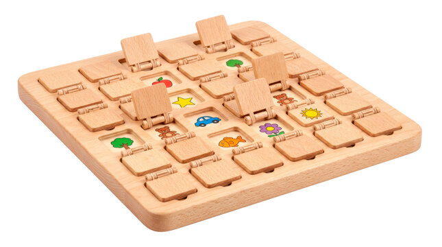 Memory flip board, engaging wooden children's memory matching toy with a broad square solid wood base and multiple identical small hinged square flaps revealing concealed original picture symbols,
