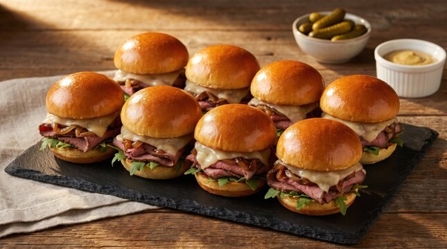 Sliders with roast beef, melted cheese, and caramelized onions served on a slate board. Appetizing party food spread featuring gourmet mini sandwiches for catering, events, and casual dining.