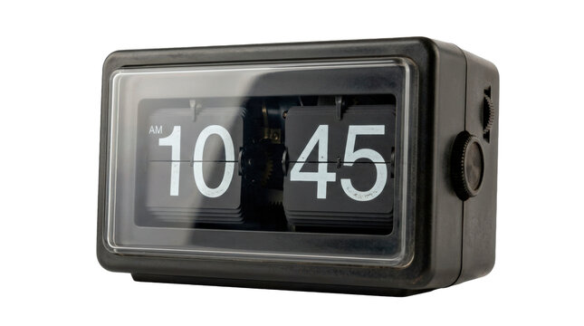 Flip clock, retro tabletop flip clock with a compact rectangular dark housing, large front viewing window and central rotating mechanical split-flap number panels, photorealistic vintage electronic