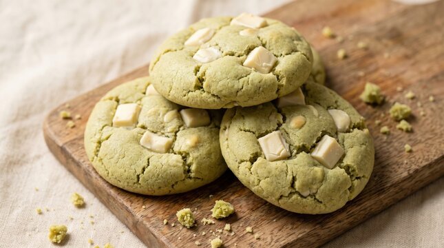 Matcha green tea cookies with white chocolate chunks on a wooden board. Delicious homemade bakery treats for cozy coffee breaks, healthy lifestyle inspiration, and delicious dessert marketing.