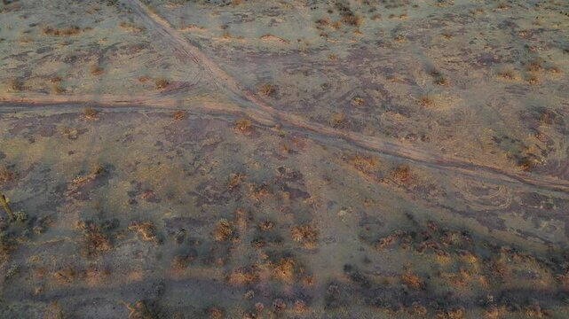 Aerial view of arid desert landscape with dirt roads and scattered vegetation