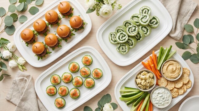 Assorted gourmet party appetizers on white platters for entertaining. Delicious finger food spread with sliders, wraps, cucumber salmon bites, and crudites for catering, events, and gatherings.