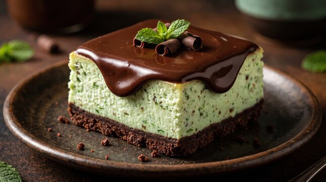 Decadent mint chocolate cheesecake slice with ganache and fresh garnish. Gourmet dessert photography for culinary blogs, restaurant menus, and festive indulgence themes.
