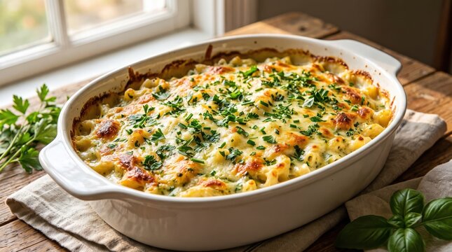 Freshly baked homemade macaroni and cheese in a white ceramic casserole dish. Comfort food meal featuring cheesy pasta bakes for family dinners, restaurants, and culinary blogs.