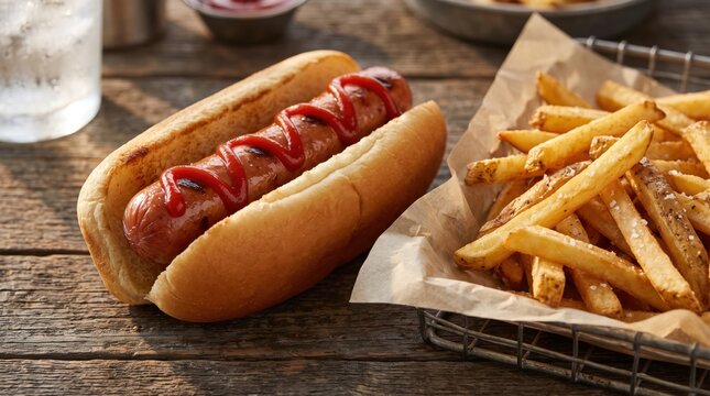 Delicious hot dog with ketchup and french fries in a basket. Appetizing fast food meal perfect for casual dining, restaurant menus, and summer cookout promotions.