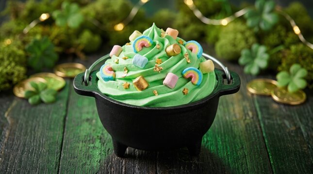 Green whipped cream dessert in a small black cauldron with marshmallows and gold flakes. Festive St Patricks Day sweet treat for spring celebrations, party food, and holiday baking.