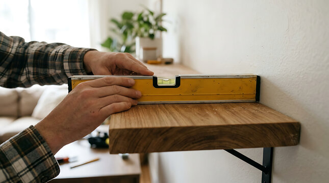 man using a yellow spirit level tool to check the alignment and straightness of a newly installed wooden shelf on a white wall during home improvement and renovation work