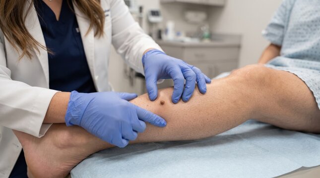 Doctor examining mole on patient leg in medical clinic room. Professional healthcare consultation for dermatology checkup and skin cancer screening in a modern hospital.