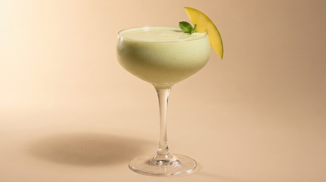 Avocado smoothie in a coupe glass garnished with mango slice and mint. Refreshing plantbased beverage for healthy lifestyle, wellness, gourmet dining, and culinary hospitality marketing.