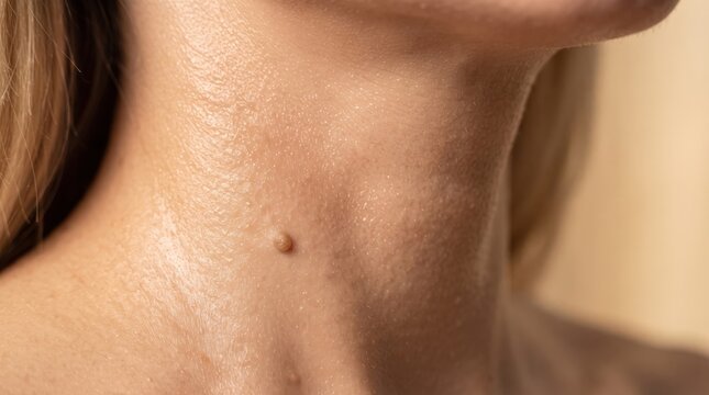 Skin tag on a woman neck close up. Medical dermatology and healthcare education for skin health, wellness, and beauty care awareness.