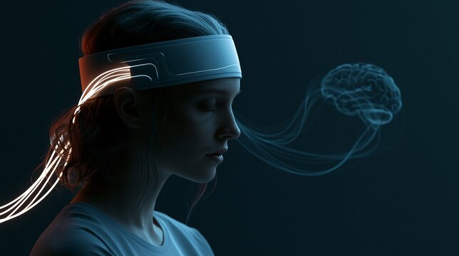 Focused young woman wearing a sleek neural headband sits in a dark lab, glowing lines connecting to a floating brain graphic, calm futuristic mood, cool rim lighting, tight three-quarter composition.