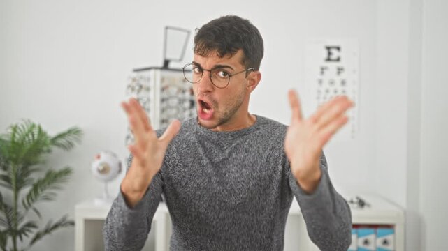 Man wearing glasses points finger and gesticulates toward an eye chart and frame rack in studio; frustration explanation.