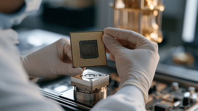 Quantum computer processor being examined by a quantum physicist wearing cleanroom gloves, delicate chip held carefully above a specialized mounting fixture, laboratory bench