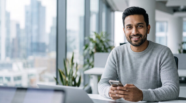 Young Indian businessman smiling while holding smartphone in modern office with city view, representing career success and digital communication