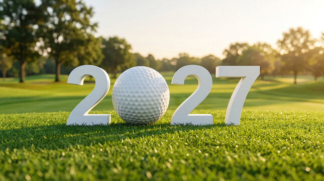 White 3D numbers 2027 and a golf ball on lush green grass, symbolizing the sport's future, season, or event