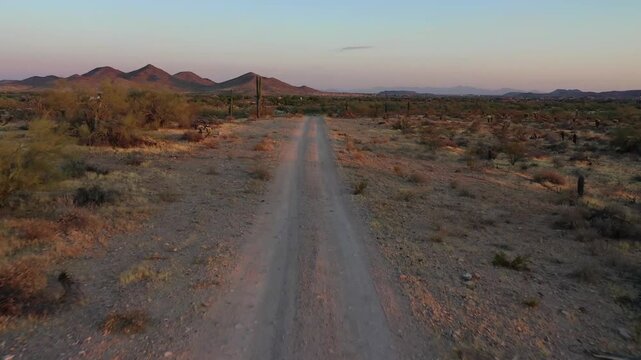 Aerial view of desert dirt road at sunset with cacti and mountains