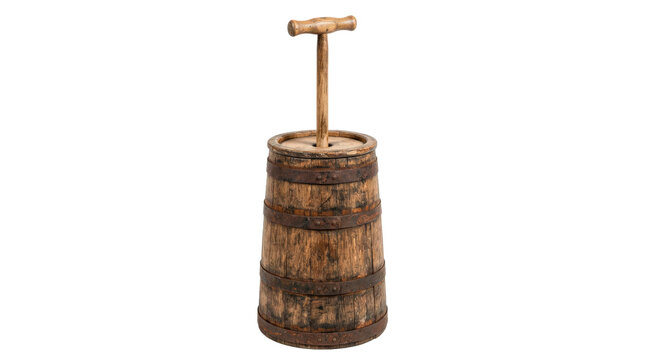 Butter churn, traditional hand-operated wooden dairy butter churn with a tall cylindrical oak barrel, reinforced metal hoops, central vertical wooden plunging rod and a smoothly shaped upper grip,