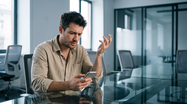 Man frustrated by mobile phone message in modern office meeting room, business problem solving and communication setback