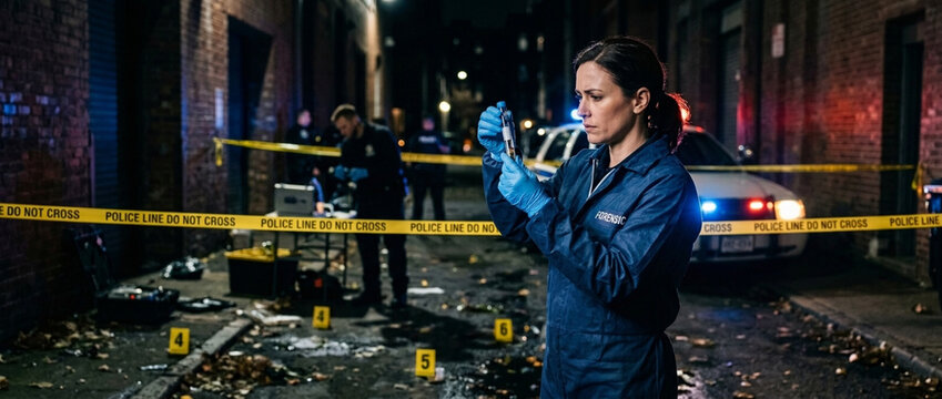 Forensic Investigator Examines Evidence at Crime Scene in Dark Alley with Police Tape and Car