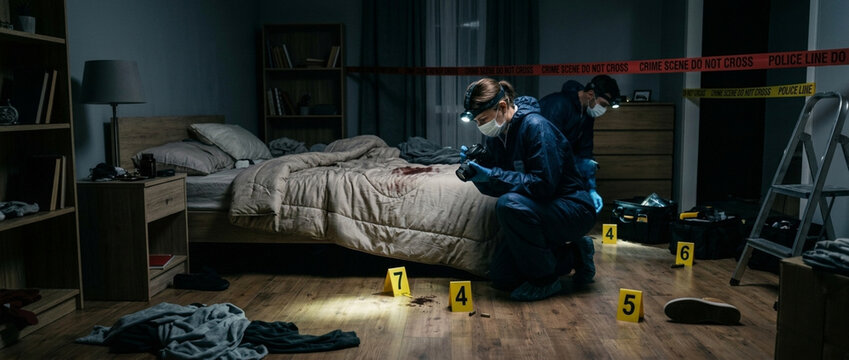 Forensic investigators examining evidence in a dimly lit bedroom with crime scene tape and numbered markers