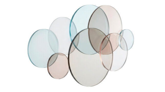 Acrylic circle sculpture, minimalist wall decoration made from overlapping translucent acrylic circular forms permanently connected into one artistic piece, with varying disc diameters, elegant