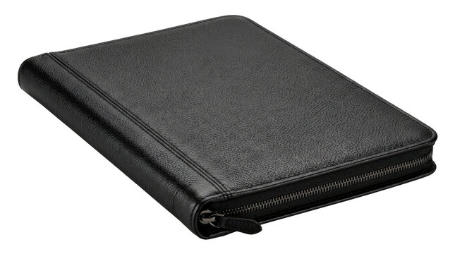 Leather writing portfolio, elegant zippered executive writing portfolio with a slim flat rectangular silhouette, textured black leather exterior, reinforced perimeter stitching and a concealed