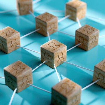 Wooden cubes with human profile icons connected by strings on a blue surface representing social networking and communication concepts in a modern design
