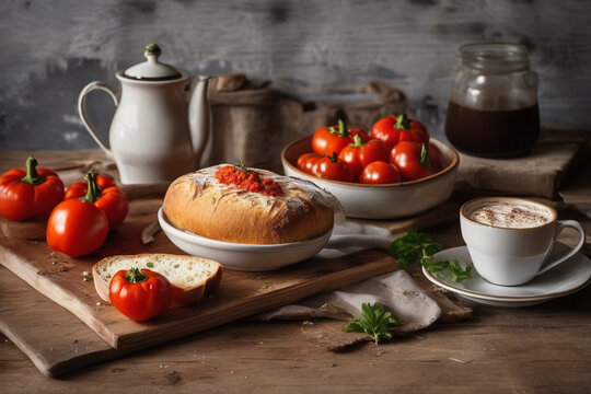 Bread tomatoes coffee on wooden table