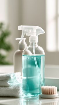 Transparent spray bottle with blue liquid next to soft stacked towels and a handheld brush on a clean white bathroom countertop with soft natural light