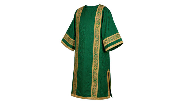 Deacon dalmatic, traditional Christian deacon's dalmatic vestment with a broad knee-length tunic structure, short wide sleeves, rich forest green fabric, symmetrical golden vertical embroidered bands