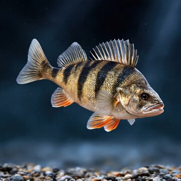 Vibrant yellow perch fish swimming above colorful pebbles in clear freshwater with dark blue background and detailed fins and scales visible