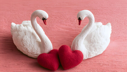 A pair of snowy swans and a red heart for Valentine's Day © Masha