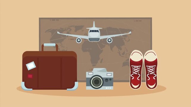 Flat design vector animation of travel accessories with a suitcase, camera, shoes, and airplane on a world map background