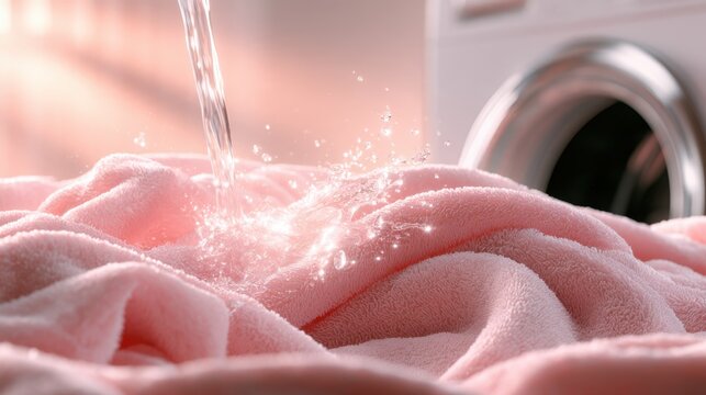 Close-up of water splashing on a soft pink towel with washing machine in the background, symbolizing fabric care and laundry cleaning concepts