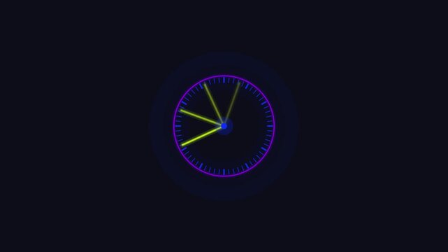 Neon digital clock interface with rotating hands abstract motion background, time