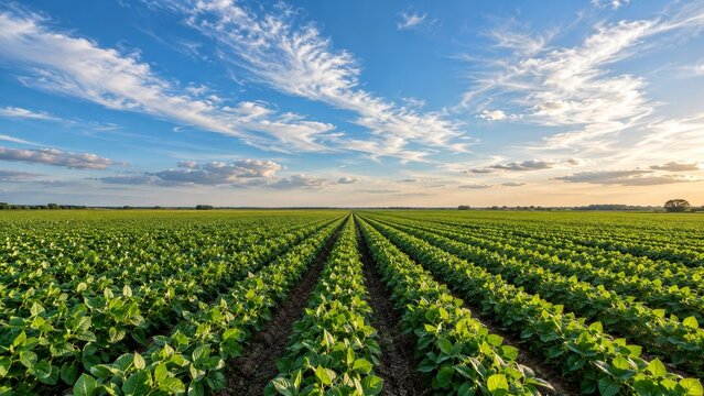 Long green crop rows converging beneath a wide cloud streaked sky