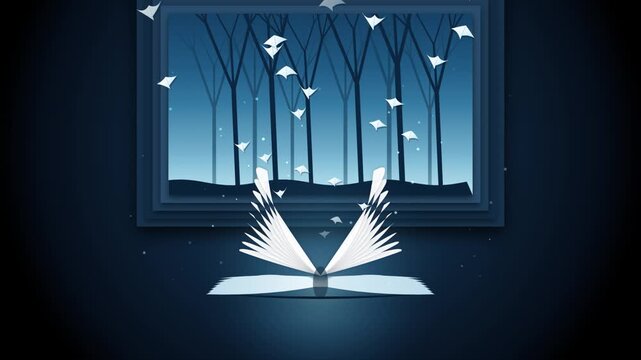 An open book on a dark surface releases paper birds that fly toward a window frame