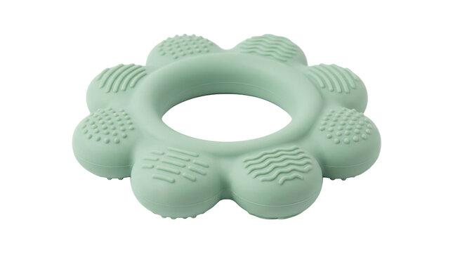 Baby teether, soft infant teething toy made from flexible food-grade silicone with a rounded flower-shaped body, thick easy-grip central opening and gently textured chewing surfaces, photorealistic