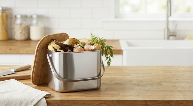 Kitchen compost caddy filled with vegetable scraps on a counter. Waste disposal and sanitation problem