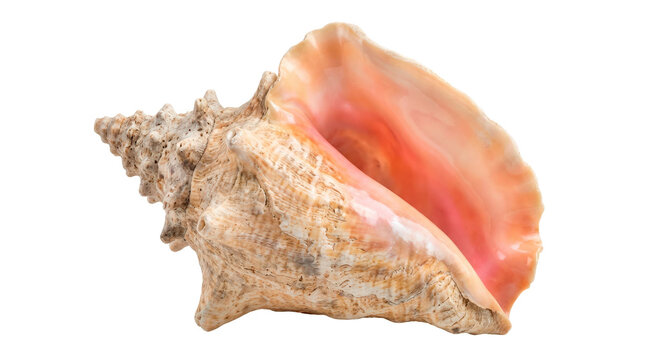 Conch shell, large tropical marine seashell with elongated spiral body, pointed crown, wide flared outer lip and beautiful peach-pink interior, photorealistic natural history product photography,
