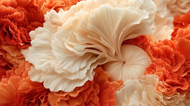 Large white and orange peony blooms layered in a closeup floral composition for beauty editorial design.