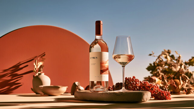 Wine bottle and glass arranged with grapes and fruit on a table against a warm red backdrop for beverage advertising.