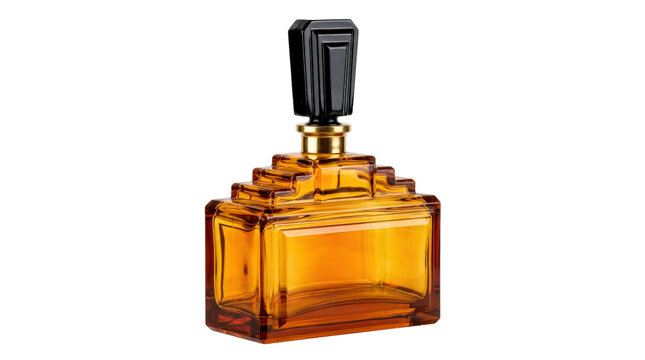 Art Deco perfume flacon, sophisticated stepped geometric perfume bottle made from thick amber-colored glass with a broad rectangular lower reservoir, multiple precisely tiered shoulder sections and a