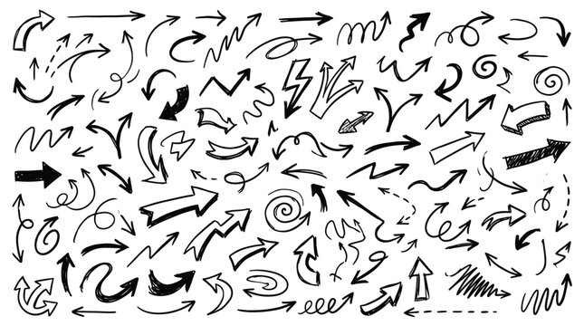 Hand drawn arrows set with diverse doodle pointer styles in black ink on paper