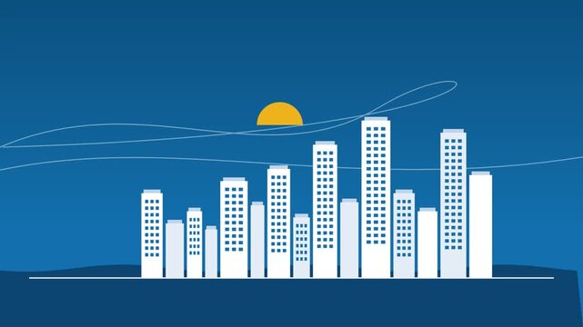 Minimalist cityscape vector illustration featuring white skyscrapers and sun against deep blue background sky