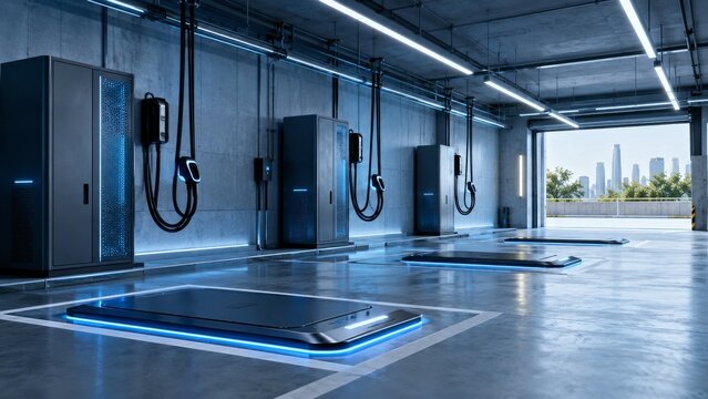Futuristic Blue Garage Interior with Electric Vehicle Charging Equipment
