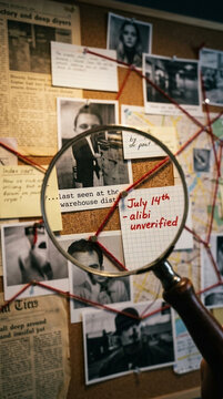 Detective Investigation Board Crime Scene Photos Evidence Magnifying Glass Red String Mystery Clues Case Files