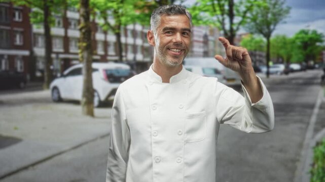 Man chef in white coat pinches tiny amount between thumb and index finger on street by parked cars and trees; confidence skill.