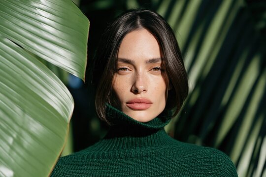 Direct close-up portrait of woman with palm leaf and green turtleneck for beauty background and botanical fashion banner