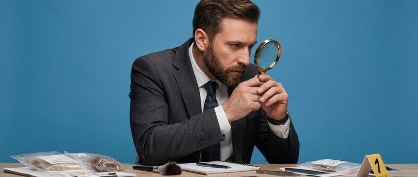 Detective Examining Evidence with Magnifying Glass Forensic Investigation Crime Scene Analysis